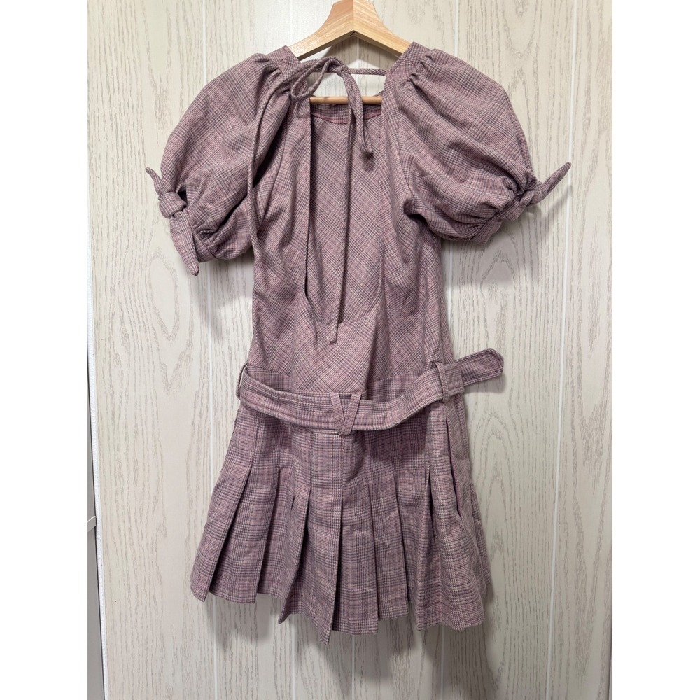 Free People Mauve Plaid Puff Sleeve Open Back Pleated Mini Dress with Belt XS - Picture 5 of 11